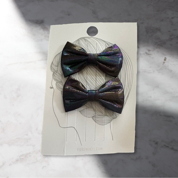 Iridescent Oil Slick Mini Foil Dot Bow Hair Clips Pair - Picture 1 of 3